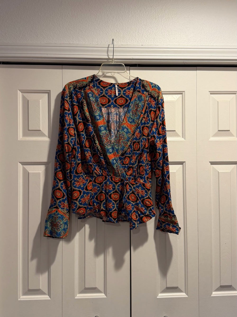 Free People "Falling For You" Faux-Wrap Peplum Top in Blue Combo #0123